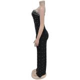 Black Off the Shoulder Diamonds Pearls Women Evening Nights Long Dress