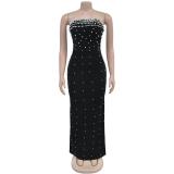Black Off the Shoulder Diamonds Pearls Women Evening Nights Long Dress