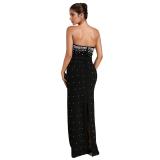 Black Off the Shoulder Diamonds Pearls Women Evening Nights Long Dress