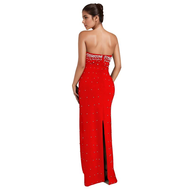 Red Off the Shoulder Diamonds Pearls Women Evening Nights Long Dress