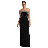 Black Off the Shoulder Diamonds Pearls Women Evening Nights Long Dress