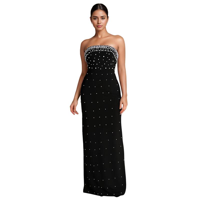 Black Off the Shoulder Diamonds Pearls Women Evening Nights Long Dress