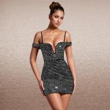 Black Women's Rhinestone Strap Backless Dress - Sexy Slim Fit Hip-Covering Evening Party Dress