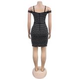 Black Women's Rhinestone Strap Backless Dress - Sexy Slim Fit Hip-Covering Evening Party Dress