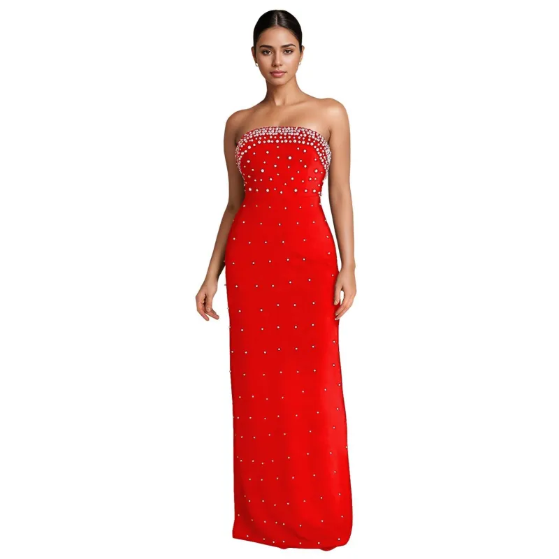 Red Off the Shoulder Diamonds Pearls Women Evening Nights Long Dress