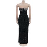 Black Off the Shoulder Diamonds Pearls Women Evening Nights Long Dress