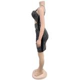 Black Hollow Out Diamonds Halter Low Cut Sexy Party Bodycon Evening Club Dress