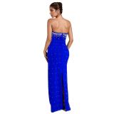 Blue Off the Shoulder Diamonds Pearls Women Evening Nights Long Dress