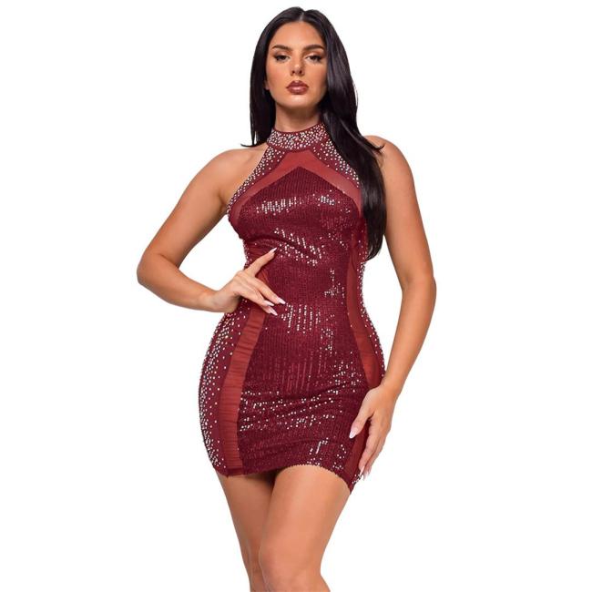 Red Sexy Halter Neck Sequin Mesh Mini Skirt Dress  Women's Prom & Evening Dress