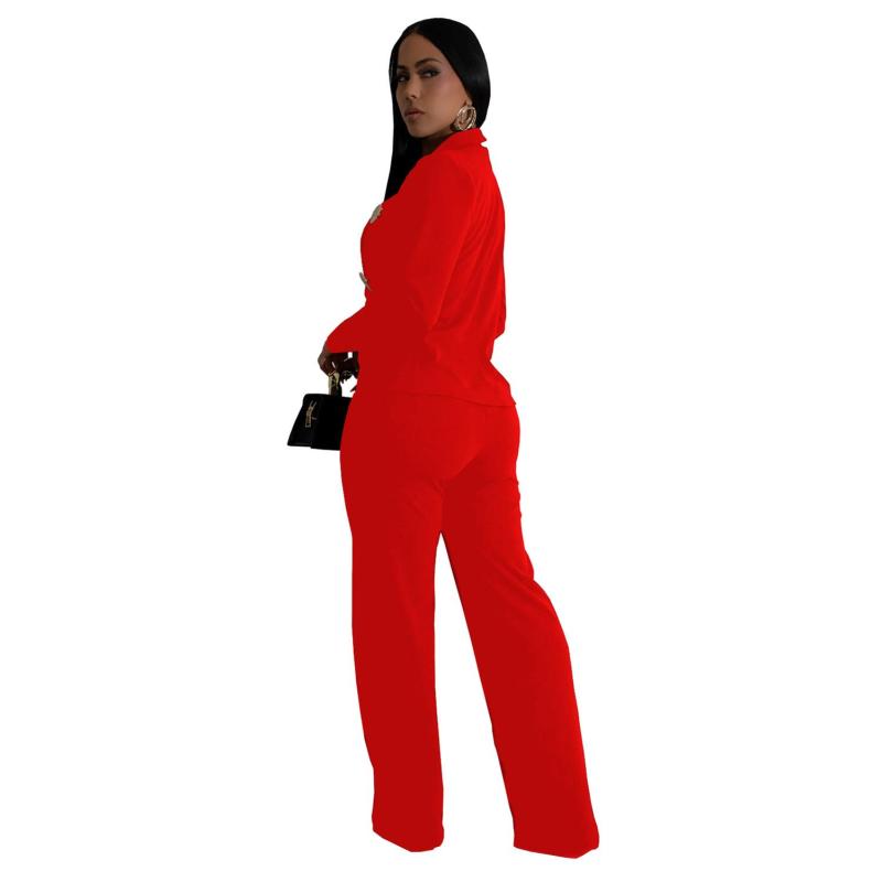 Red Long Sleeve Fashion Coat Two Pieces Casual Women Pant Sets Outfits