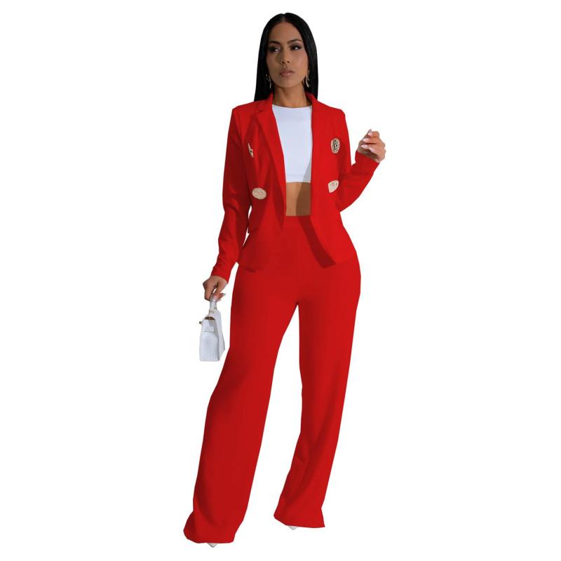 Red Long Sleeve Fashion Coat Two Pieces Casual Women Pant Sets Outfits
