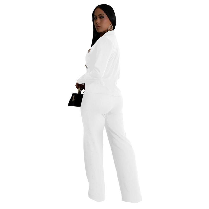 White Long Sleeve Fashion Coat Two Pieces Casual Women Pant Sets Outfits