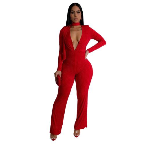 Red Women's Sexy V-Neck Off-Shoulder Beaded One-Piece Jumpsuit