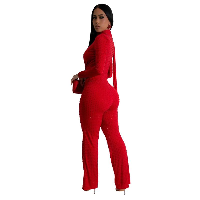 Red Women's Sexy V-Neck Off-Shoulder Beaded One-Piece Jumpsuit