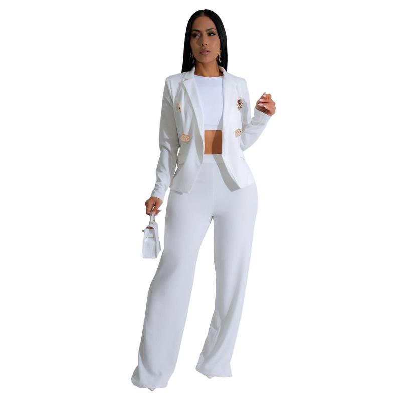 White Long Sleeve Fashion Coat Two Pieces Casual Women Pant Sets Outfits