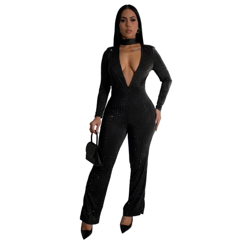 Black Women's Sexy V-Neck Off-Shoulder Beaded One-Piece Jumpsuit