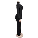 Black Women's Sexy V-Neck Off-Shoulder Beaded One-Piece Jumpsuit