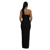 Black Fashion Sexy Single-Shoulder Hollow Out Waist Pleated Slit Midi Dress for Women