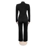 Black Long Sleeve Fashion Coat Two Pieces Casual Women Pant Sets Outfits
