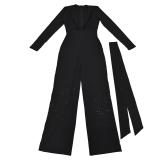 Black Women's Sexy V-Neck Off-Shoulder Beaded One-Piece Jumpsuit