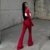Red Two Pieces Long Sleeve Tops Straps Bodycon Sexy Jumpsuits