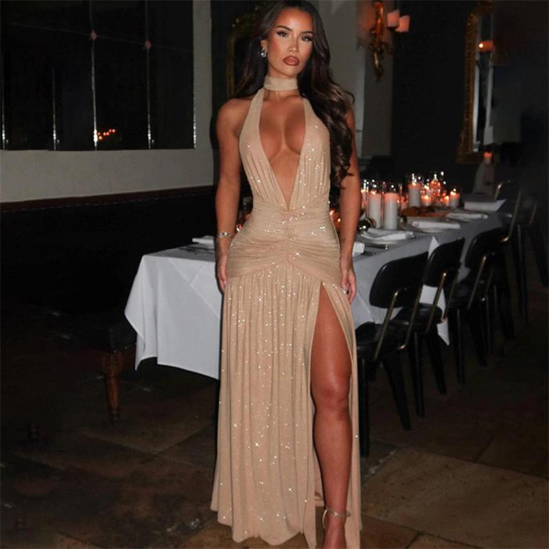 Khaki Sleeveless Silk Deep V Neck High Split Pleated Evening Maxi Dress
