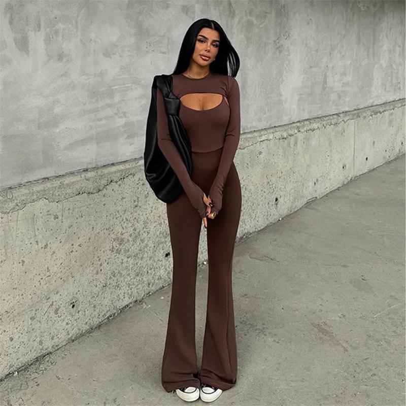 Khaki Two Pieces Long Sleeve Tops Straps Bodycon Sexy Jumpsuits