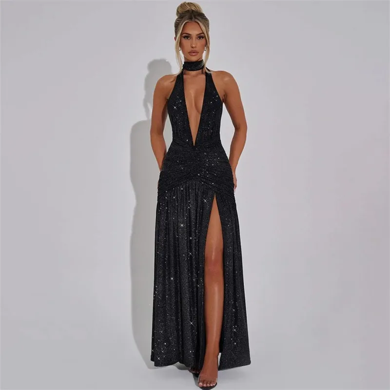 Black Sleeveless Silk Deep V Neck High Split Pleated Evening Maxi Dress