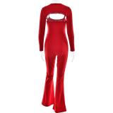 Red Two Pieces Long Sleeve Tops Straps Bodycon Sexy Jumpsuits