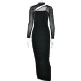 Black Off Shoulder Mesh Long Sleeve Pleated Evening Party Dress