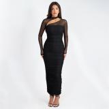 Black Off Shoulder Mesh Long Sleeve Pleated Evening Party Dress