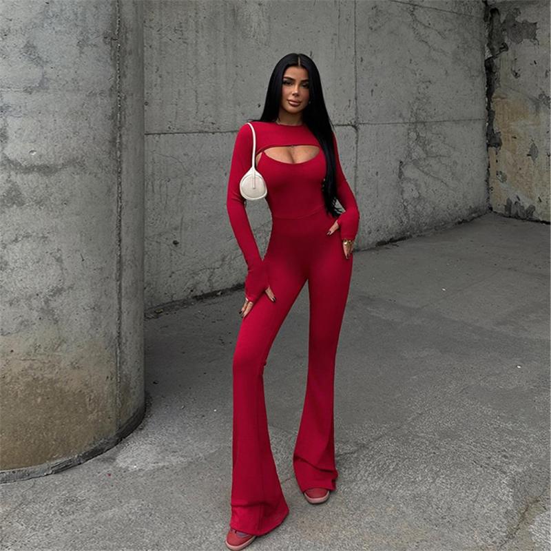 Red Two Pieces Long Sleeve Tops Straps Bodycon Sexy Jumpsuits