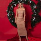 Khaki Off Shoulder Mesh Long Sleeve Pleated Evening Party Dress