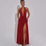 Red Sleeveless Silk Deep V Neck High Split Pleated Evening Maxi Dress