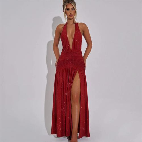 Red Sleeveless Silk Deep V Neck High Split Pleated Evening Maxi Dress