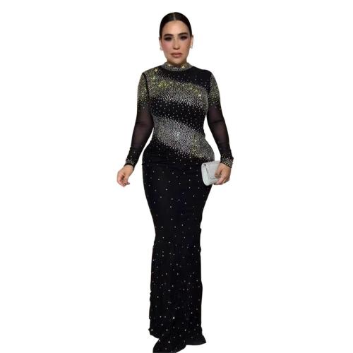 Black Long Sleeve Diamonds Elegant Evening Prom Styles Maxi Dress