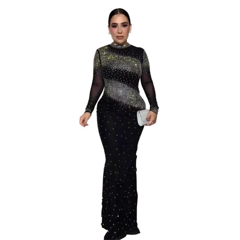 Black Long Sleeve Diamonds Elegant Evening Prom Styles Maxi Dress