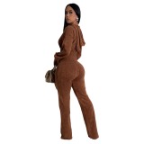 Khaki Long Sleeve Deep V Neck Zipper Velvet Bodycon Streetwear Outfits