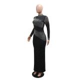 Black Long Sleeve Diamonds Elegant Evening Prom Styles Maxi Dress