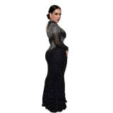 Black Long Sleeve Diamonds Elegant Evening Prom Styles Maxi Dress