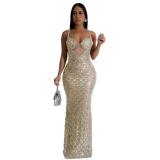Gold Women Sexy V-Neck Sheer Pleated Sequin Off-the-Shoulder Maxi Dress