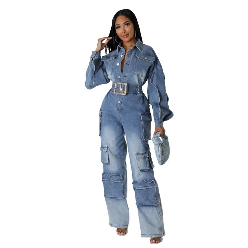 Blue Long Sleeve Denim Cargo Jumpsuits Pocket Wide Leg Fashion Rompers