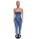 Blue Off Shoulder Pleated Denim Sexy Women Elasticity Jumpsuits