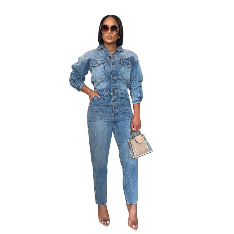 Blue Long Sleeve Button Denim Slim Fit Bodycon Casual Rompers