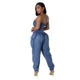 Blue Off Shoulder Pleated Denim Sexy Women Elasticity Jumpsuits