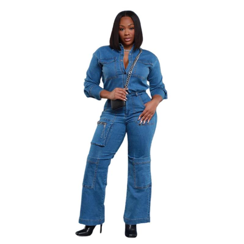 Blue Loose Elastic Jeans Washed Long Sleeve Workwear Denim Jumpsuit