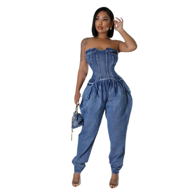 Blue Off Shoulder Pleated Denim Sexy Women Elasticity Jumpsuits