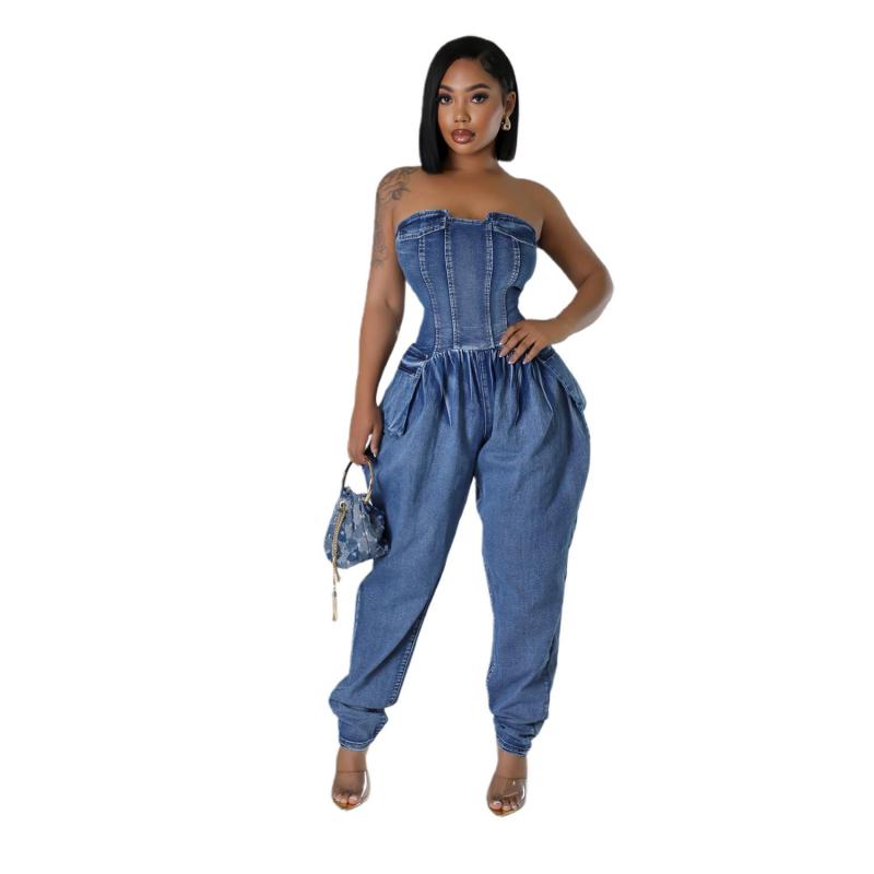 Blue Off Shoulder Pleated Denim Sexy Women Elasticity Jumpsuits