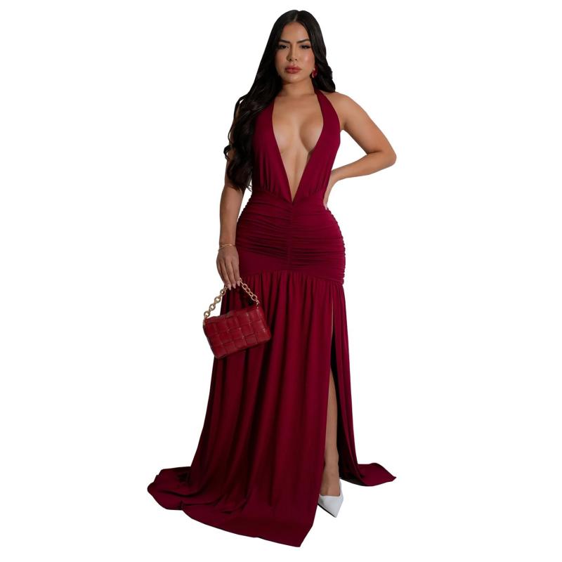 Claret Sleeveless Deep V Neck Pleated Evening Prom Party Formal Maxi Dress