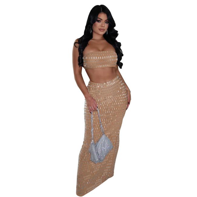 Khaki Off Shoulder Crop Tops Two Pieces Diamonds Sexy Luxury Bodycon Skirt Dress